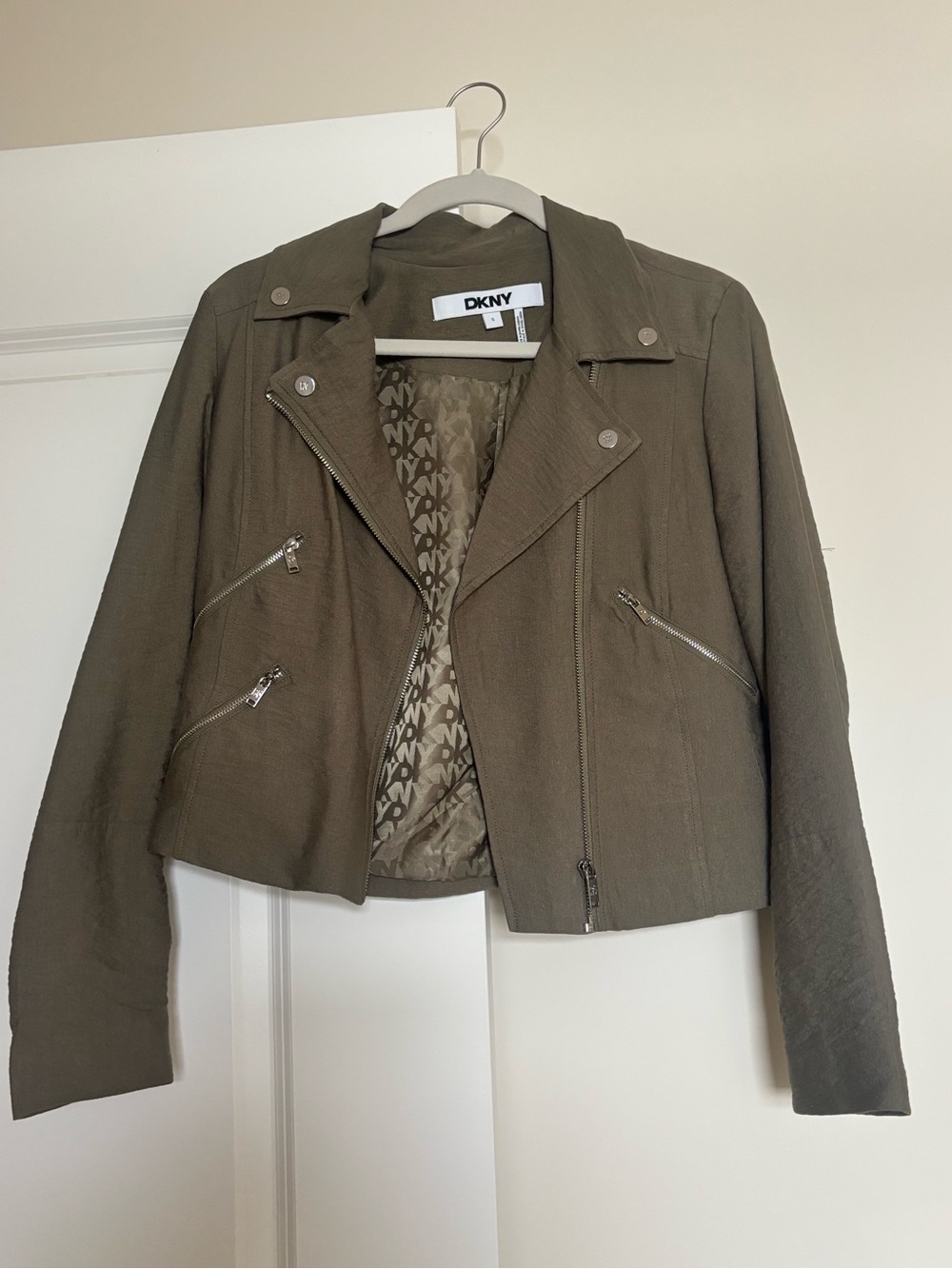DKNY Olive Green Cropped Moto Jacket with Silver Hardware